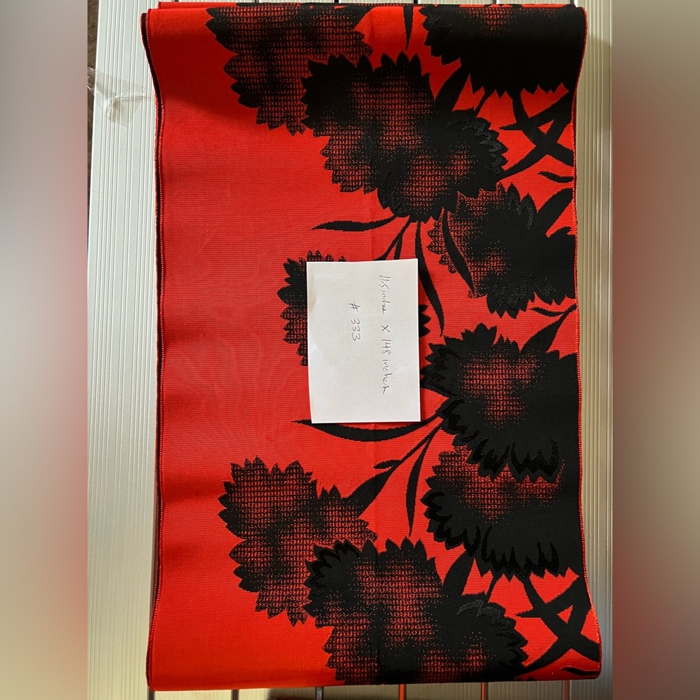 Vintage Japanese Maru Obi – Crimson & Black Floral – Showa Era Silk Bolt